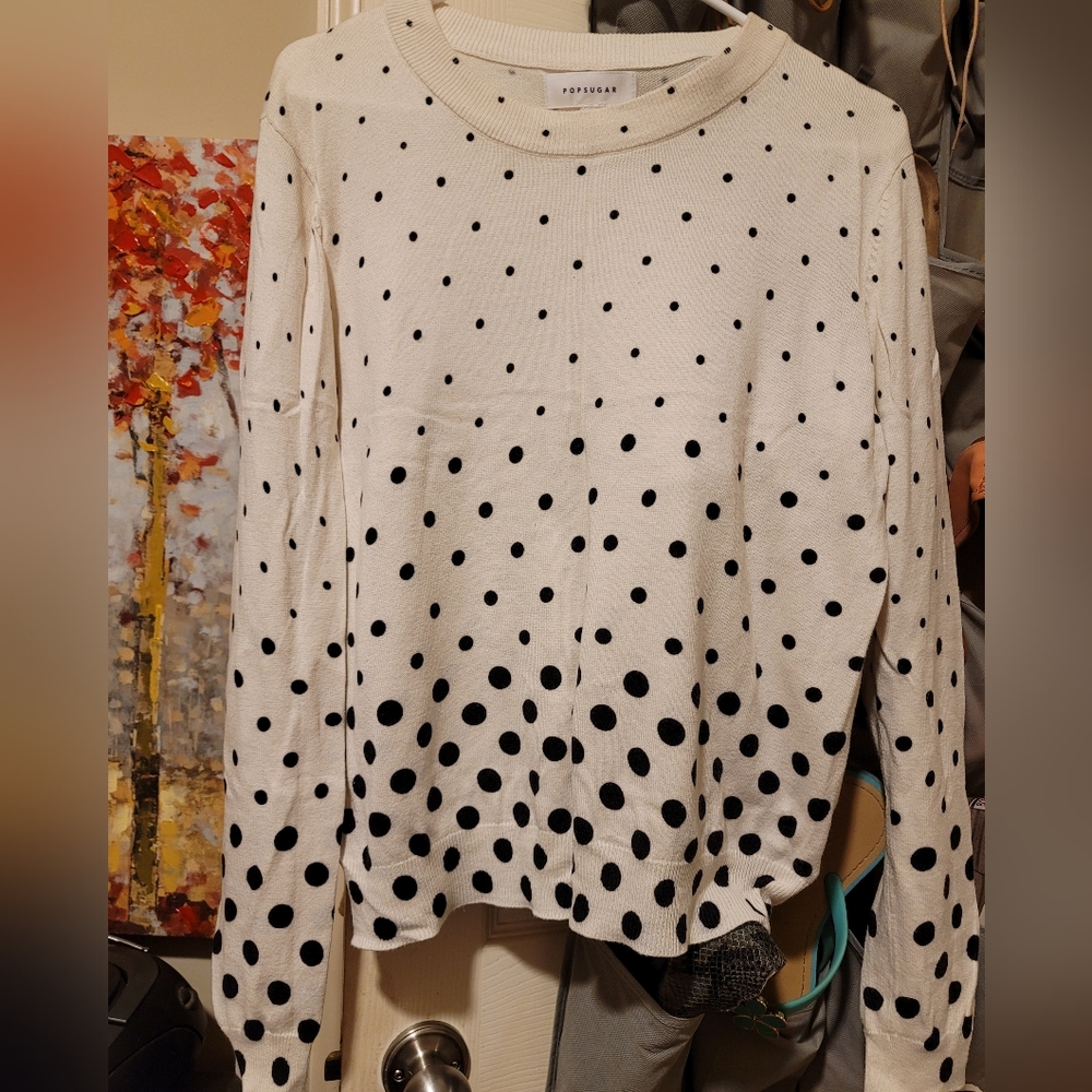 XL Popsugar sweater, white with black polka dots